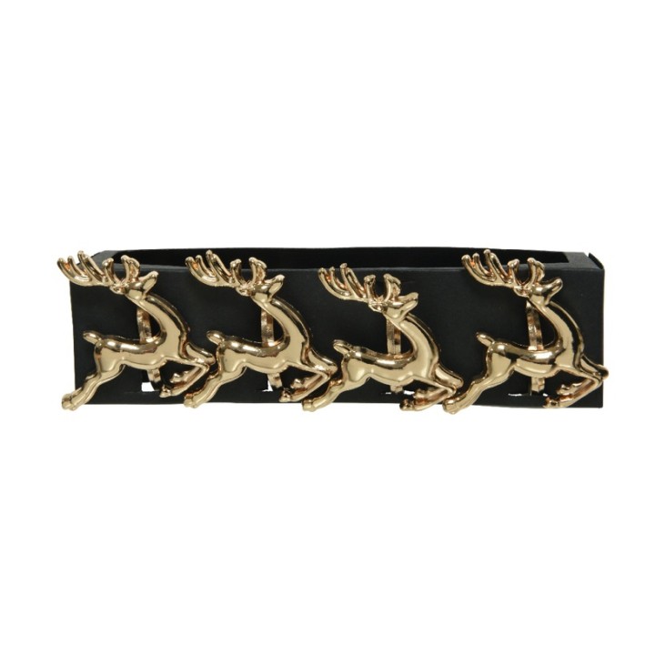 Zwarte wandplank met vier gouden rendieren in speelse houding als haakjes.