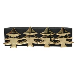 Four shiny gold Christmas tree decorations on a black base.