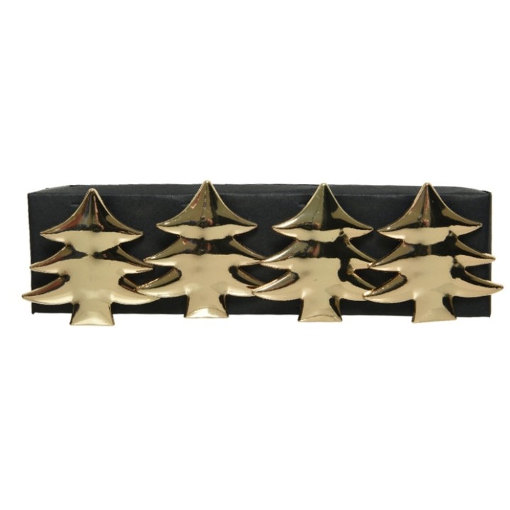 Four shiny gold Christmas tree decorations on a black base.