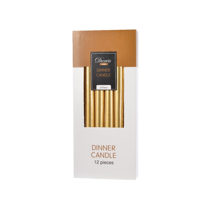 A sleek box containing twelve elegant golden dinner candles, neatly arranged inside.
