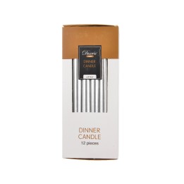 A box containing twelve slender white dinner candles, elegantly packaged in a simple design.