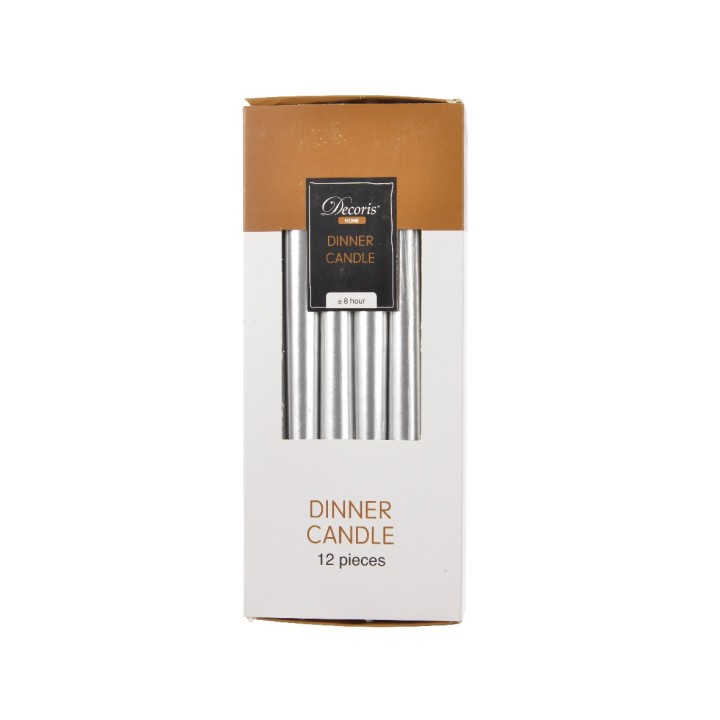 A box containing twelve slender white dinner candles, elegantly packaged in a simple design.