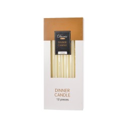 A sleek, white box containing twelve elegant dinner candles, perfect for a refined table setting.