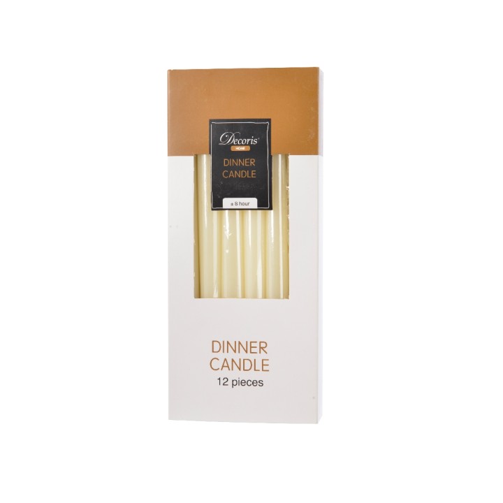 A sleek, white box containing twelve elegant dinner candles, perfect for a refined table setting.