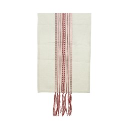 A cream-colored textile with intricate red patterns and fringed edges.