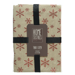 Nappe beige ornée de flocons rouges, élégante et festive, parfaite pour les repas d'hiver.