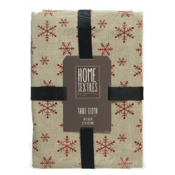 Nappe beige ornée de flocons rouges, élégante et festive, parfaite pour les repas d'hiver.