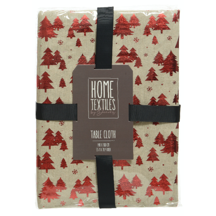 A beige tablecloth featuring shiny red trees, wrapped in a black ribbon.