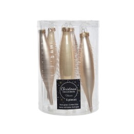 A clear cylindrical container holds six elegant, gold-tinted glass Christmas ornaments.