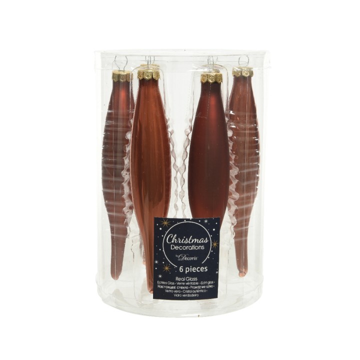 Six elegant red glass ornaments in a clear container, featuring smooth and textured designs.