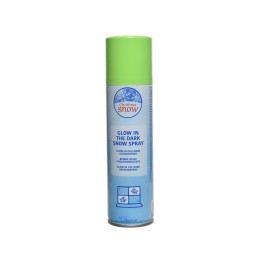 A tall spray can with a bright green cap and a blue label, labeled "Glow in the Dark Snow."