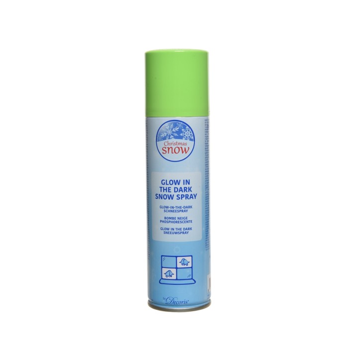 A tall spray can with a bright green cap and a blue label, labeled "Glow in the Dark Snow."
