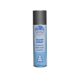 Een spuitbus met zilverspray voor decoratie, met een lichte blauwe en grijze verpakking.
