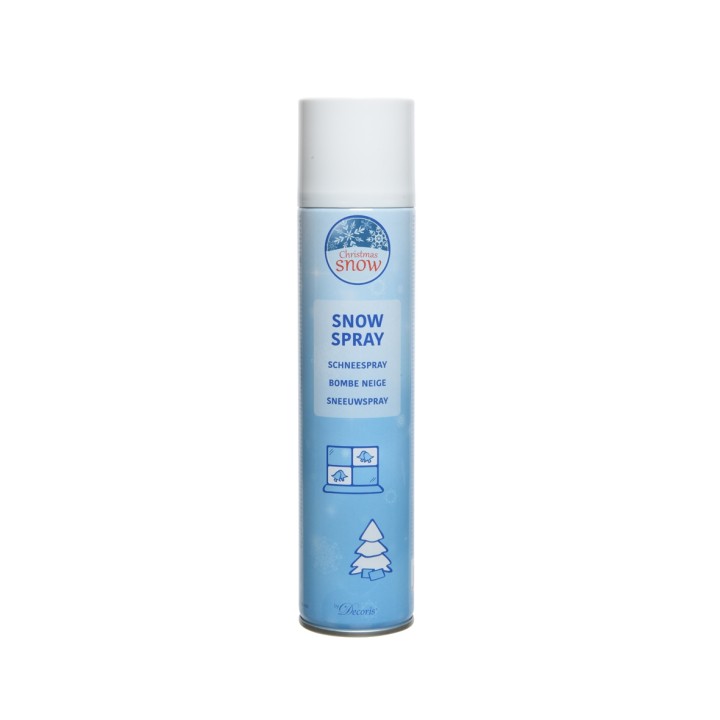 A cylindrical can of snow spray in a light blue color with a white cap, featuring winter-themed g...