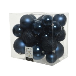 A clear box filled with various dark blue Christmas ornaments in shiny and matte finishes.