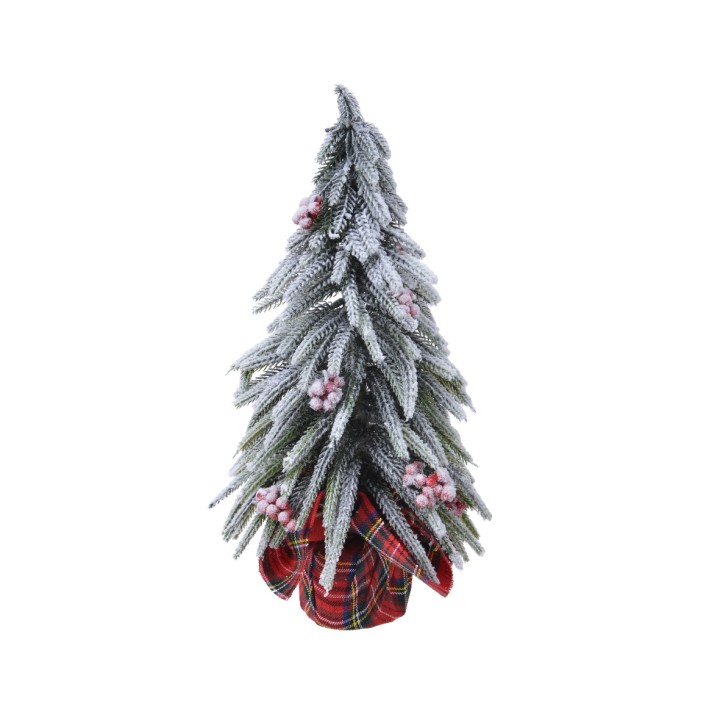 A frosted green Christmas tree adorned with pink berries in a plaid pot.