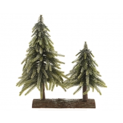 Two frosted green pine trees on a wooden base, evoking a wintery, festive atmosphere.