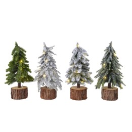 Four small, decorated Christmas trees on wooden bases, varying in color and snow-like accents.