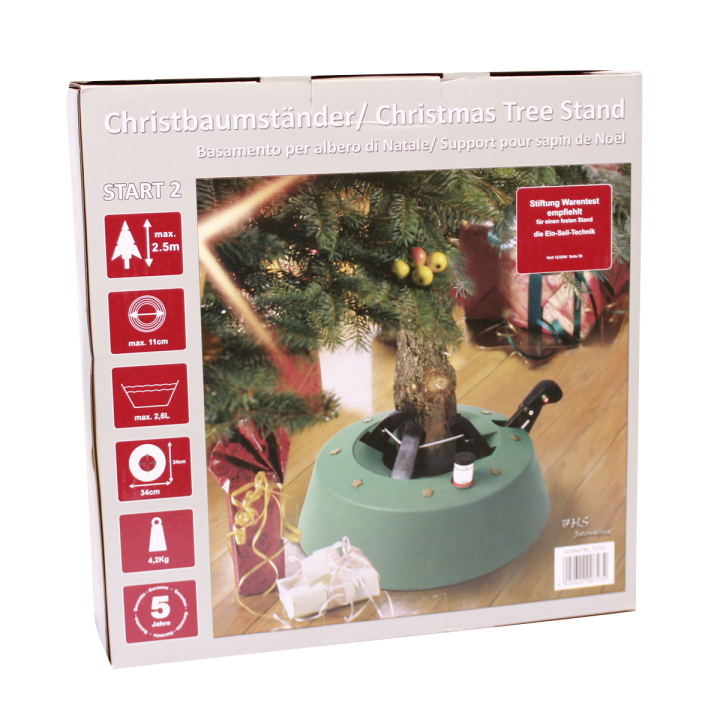 Groene kerstboomstandaard met een metalen klem, geschikt voor bomen tot 2,5 meter hoog.