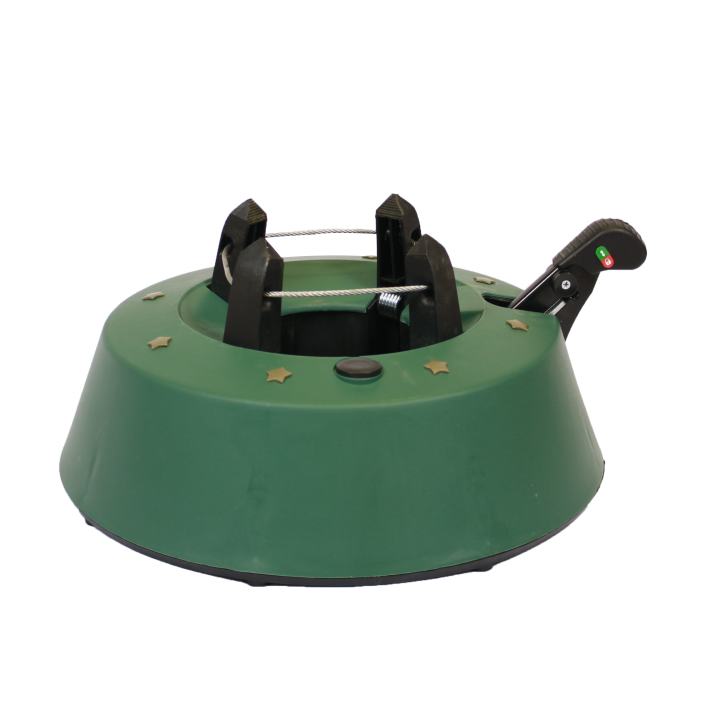 A green Christmas tree stand with a circular base and a black clamp for securing the tree.