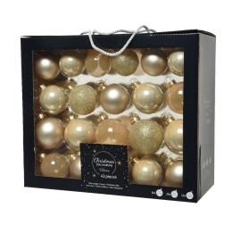 A black box containing 42 gold and champagne-colored Christmas ornaments, some glittery.