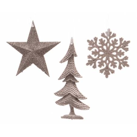 3 Hanging decorations (star-fir-snowflake) pink