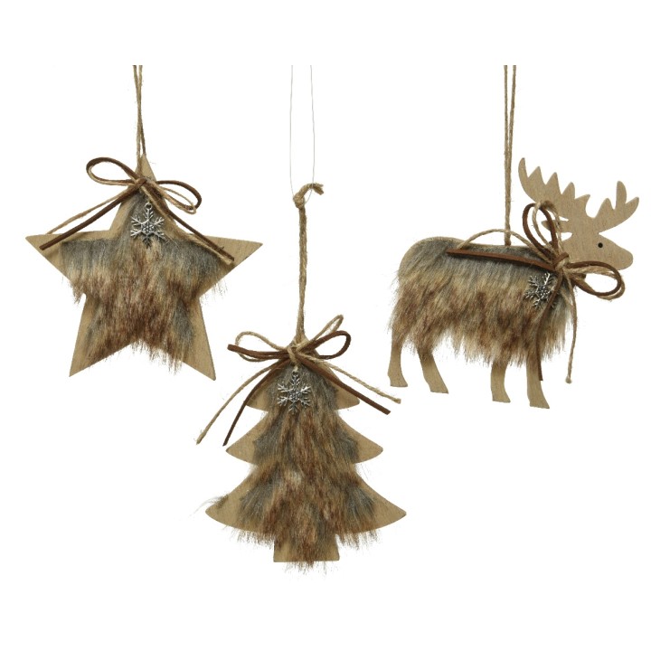 Décorations de Noël en forme d'étoile, arbre et renne, feutrine brune et cordes naturelles.