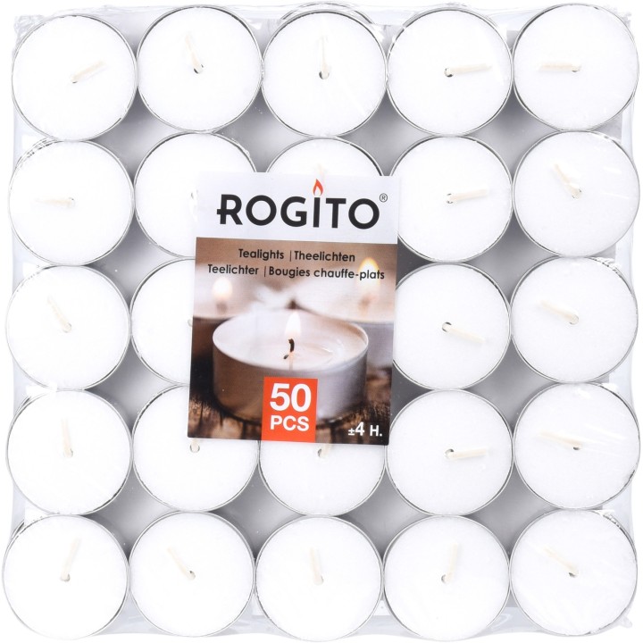 A neat arrangement of small, white tealight candles in a clear plastic tray.