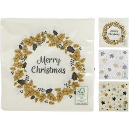 Festive Christmas napkins featuring a gold wreath and seasonal patterns in soft colors.