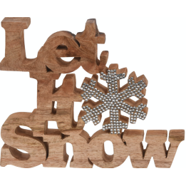 Wooden decorative letters spell "Let It Snow," with a silver snowflake accent.