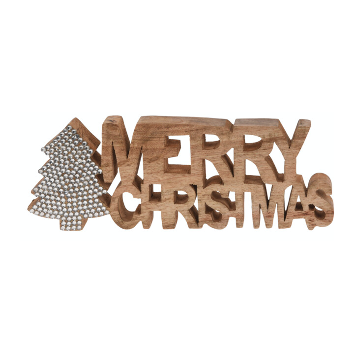 Houten decoratie met de tekst "Merry Christmas" en een kerstboom van metalen bolletjes.