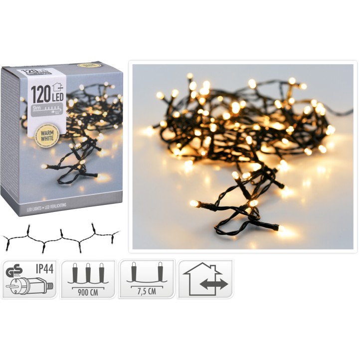Verlichte slinger met 120 warme witte LED's op een zwarte draad, ideaal voor decoratie.