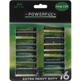 Paquet de 16 piles AA, vert et noir, avec inscription sur fond lumineux.