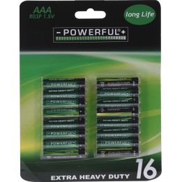A pack of 16 AAA batteries, featuring a green and black design with "Powerful+" branding.