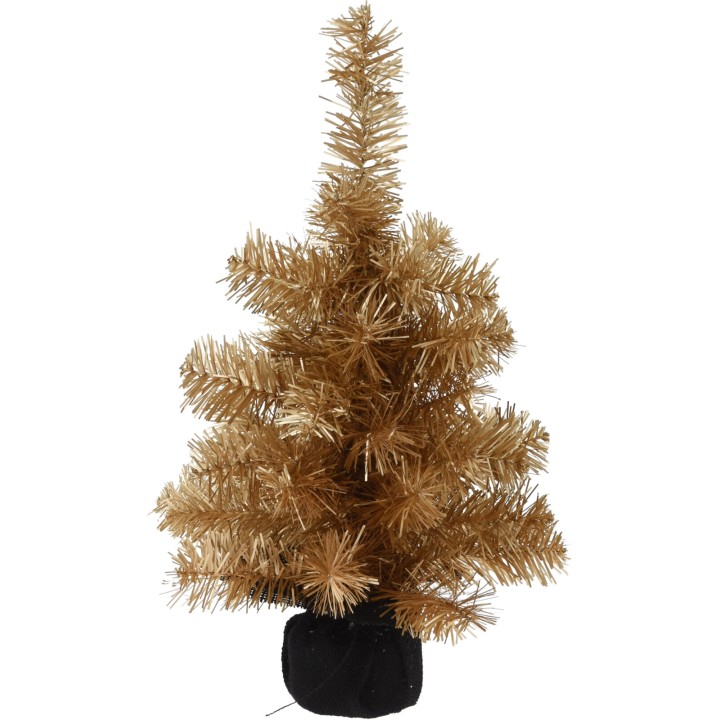 A small, shimmering gold Christmas tree with synthetic branches in a black base.