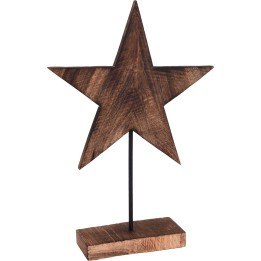 Houten ster in warme bruintinten, op een metalen voet, eenvoudig en stijlvol.