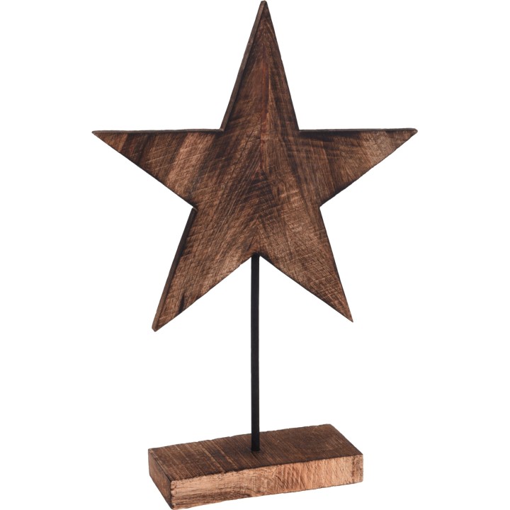 A rustic wooden star on a simple base, showcasing natural grain and a warm brown hue.