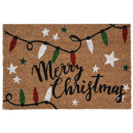 Tapis de bienvenue en jute avec motifs de Noël et inscription festive.