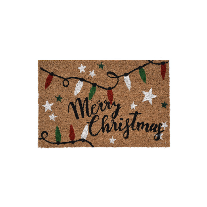 A festive coir doormat with "Merry Christmas" and colorful holiday lights.