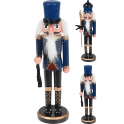 Trois figurines de soldats en bois coloré, avec chapeaux bleus et détails dorés.