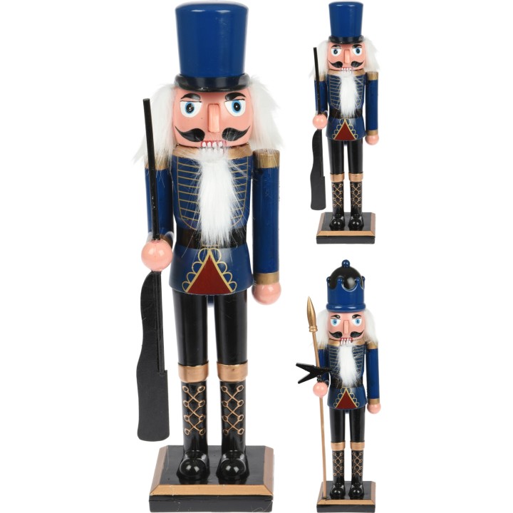 Kleurrijke houten notenkraker met blauwe uniform, witte baard en gouden details.