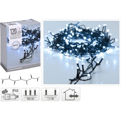 A tangle of white LED fairy lights on a dark wire, packed in a box for decoration.