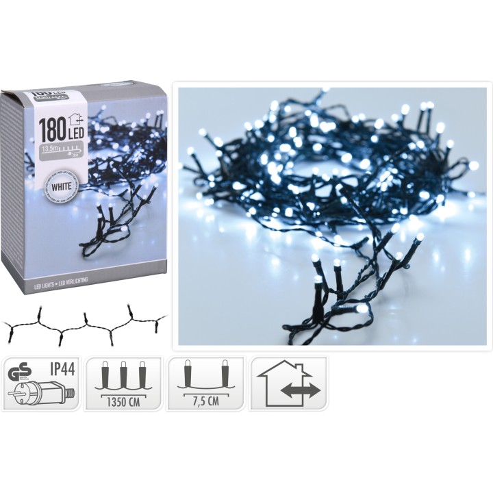 A tangled string of white LED lights with a dark wire, packaged for indoor or outdoor use.