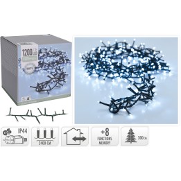 A tangled string of white LED lights on a black cord, with a box for storage.