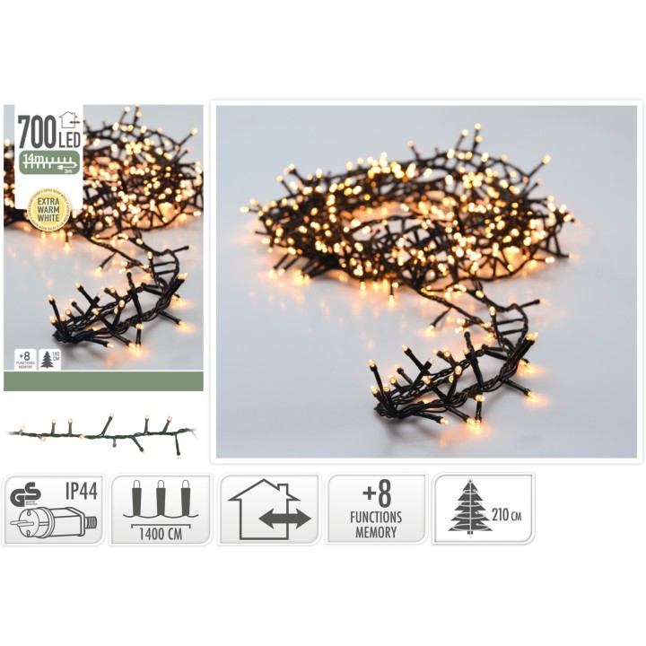 A dark string of lights with 700 warm white LEDs, coiled elegantly for festive decoration.