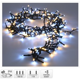 A tangled string of blue and warm white fairy lights on a dark wire, glowing softly.