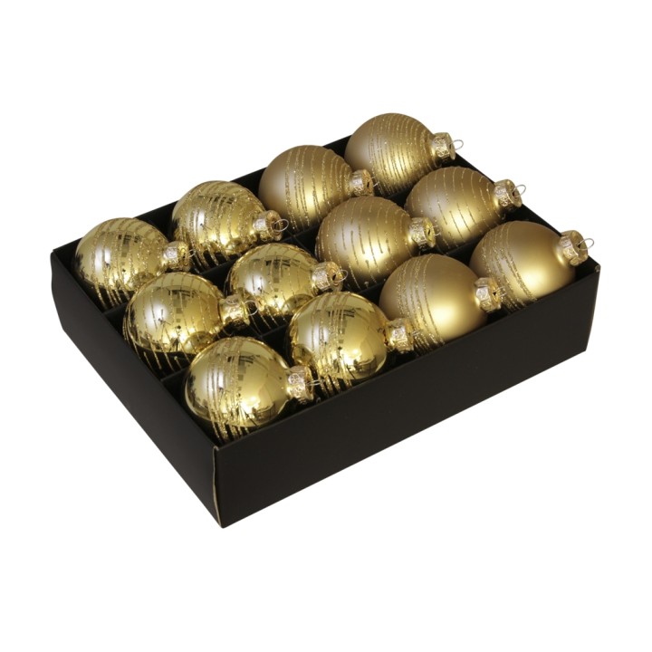A box containing twelve shiny gold Christmas ornaments with textured designs.