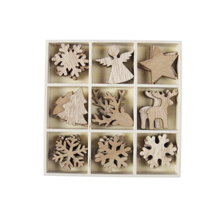 Houten kerstdecoraties in een vierkant doosje, met sneeuwvlokken, een engel, een ster, en een ren...