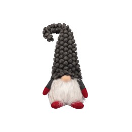 Petit gnome avec un grand chapeau en peluche grise et barbe blanche, assis sur des pieds rouges.