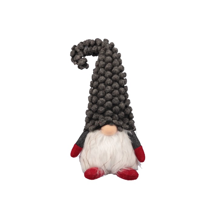 A whimsical gnome with a tall, curled hat, white beard, and red feet.